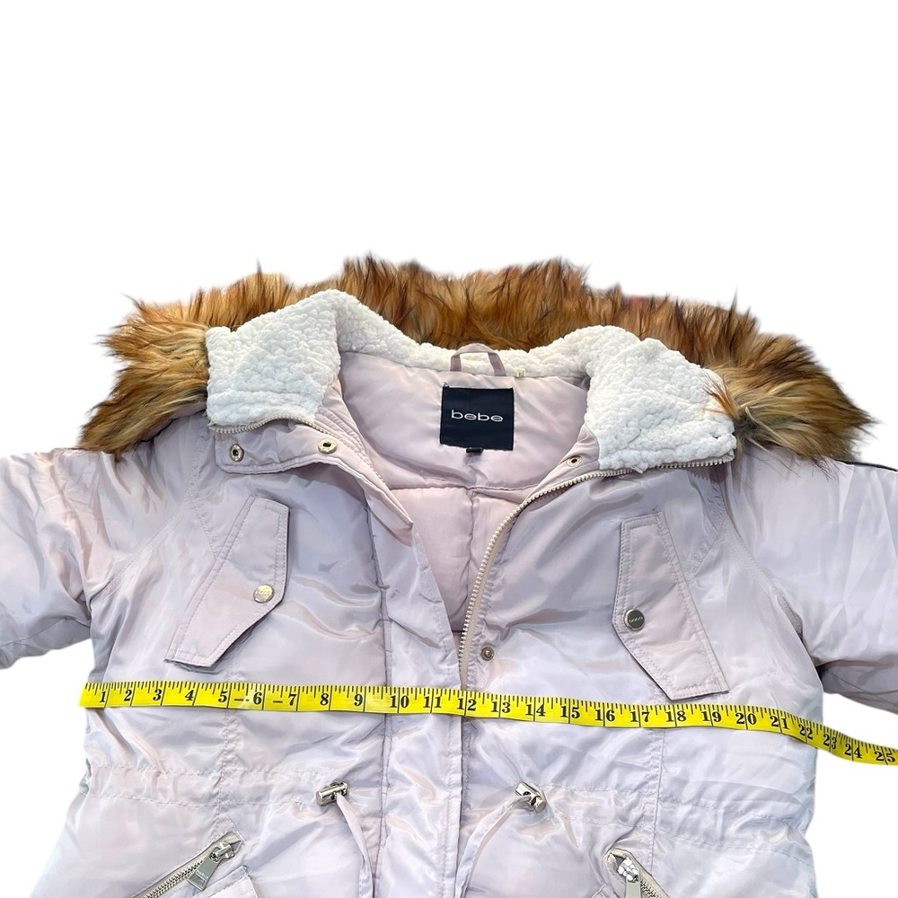 bebe Women's Heavyweight Insulated Long Length Parka Jacket Faux Fur Hood Size L - Picture 11 of 13